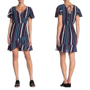 Band of Gypsies Faux Wrap Mini Dress Blue and Red Stripes Open Back Size Small